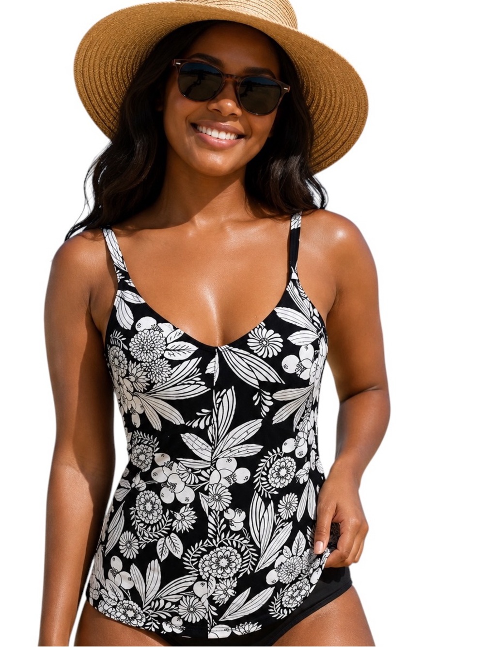 La Blanca Floral UW Tankini Swim Top Adjustable Straps Sz 6 Black White New!